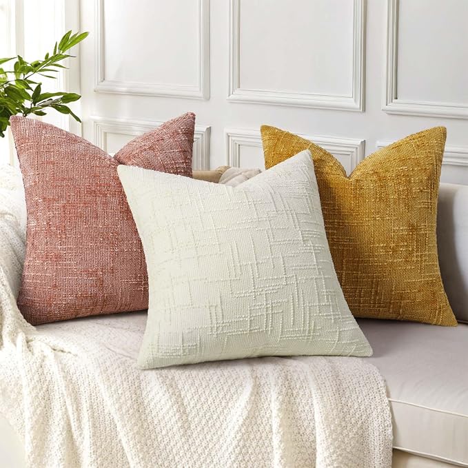 decorUhome Textured Chenille Throw Pillow Covers 18x18 Set of 2 Pink | Fall Modern Farmhouse Soft Cozy Slubby Couch Pillow Cases Boho Decorative Pillow Cases for Bed Sofa Living Room Home Decor