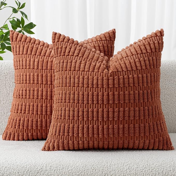 MIULEE Fall Pack of 2 Dark Rust Corduroy Decorative Pillow Covers 20x20 Inch Soft Boho Striped Throw Pillow Covers Modern Farmhouse Home Decor for Sofa Living Room Couch Bed