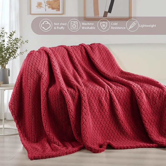 Exclusivo Mezcla Soft Fleece King Size Blanket for Bed, Deep Red | Jacquard Lightweight Cozy Bed Blanket, Breathable Decorative Fuzzy Textured All Season Use, 90x104 Inches