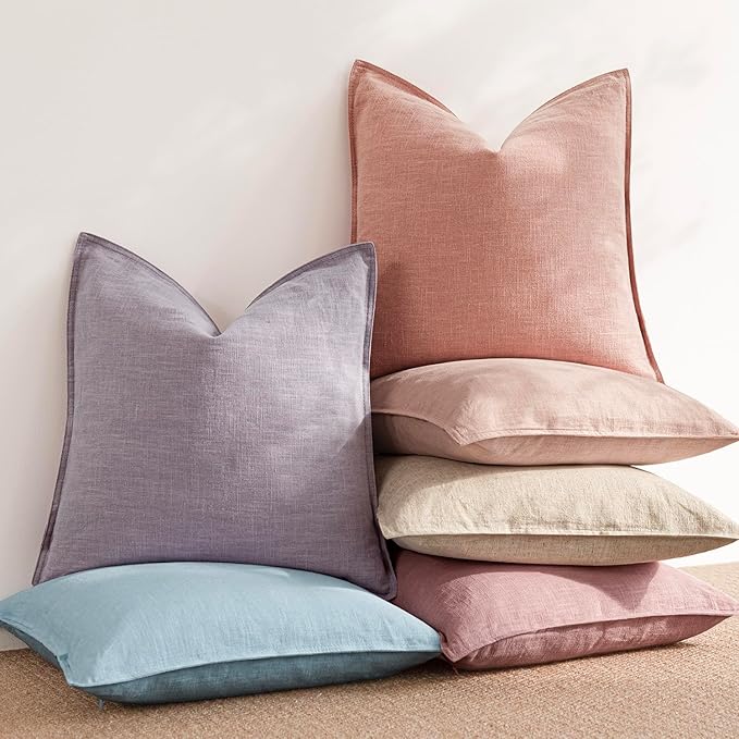 Foindtower Pack of 2, Decorative Linen Solid Throw Pillow Covers Soft Accent Euro Cushion Case Boho Farmhouse Pillowcase for Chair Couch Sofa Bedroom Living Room Home Decor 18 x 18 Inch Coral Pink