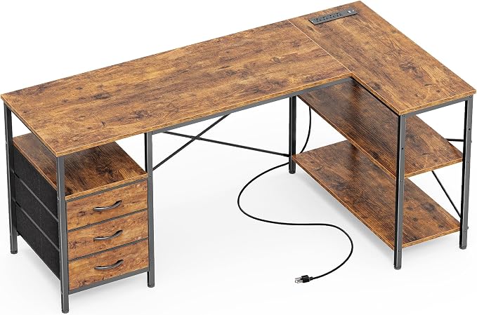 Huuger L Shaped Office Desk with Power Outlets, 55 Inch Computer Desk with 3 Drawers, Shelves, Reverisble for Gaming Corner Work Home Office Study, Rustic Brown