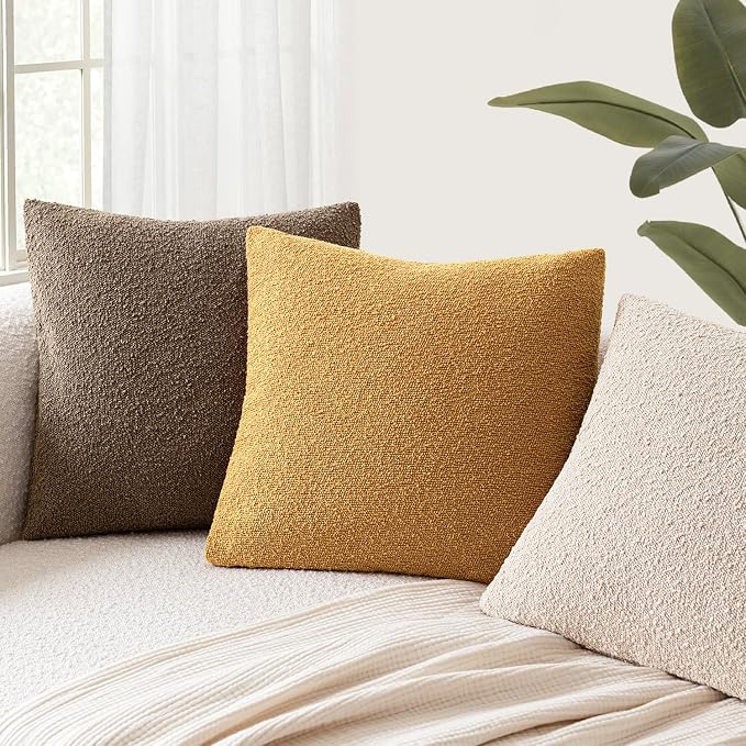 Foindtower Pack of 2 Textured Boucle Throw Pillow Covers Accent Solid Pillow Cases Cozy Soft Decorative Couch Cushion Case for Couch Chair Sofa Bedroom Living Room Home Decor 18x18 Inch Sunflower