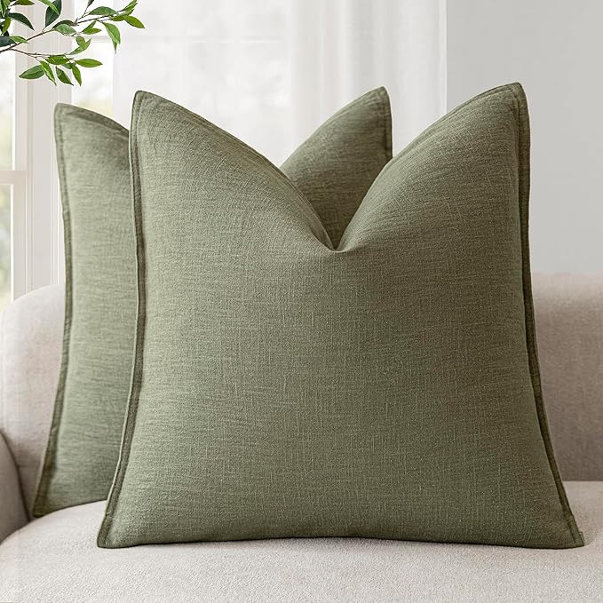 Foindtower Pack of 2, Decorative Linen Solid Throw Pillow Covers Soft Accent Cushion Case Farmhouse Neutral Pillowcase for Chair Couch Sofa Bedroom Living Room Home Decor 22x22 Inch Olive Branch Green