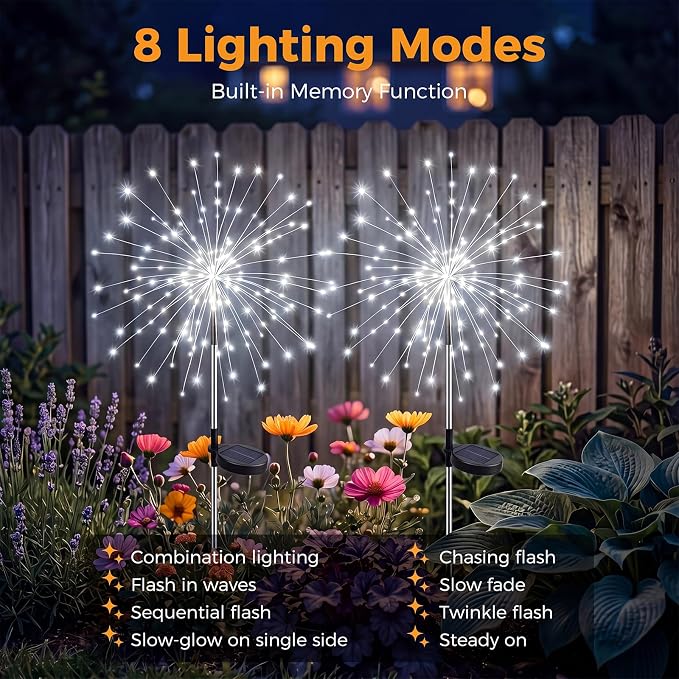 btfarm 1 Pack Solar Garden Lights Outdoor, 8 Modes Firework Lights Solar Powered, Waterproof Twinkle Fairy Light Outside for Yard Patio Pathway Pool Christmas Party Decorative, Cool White