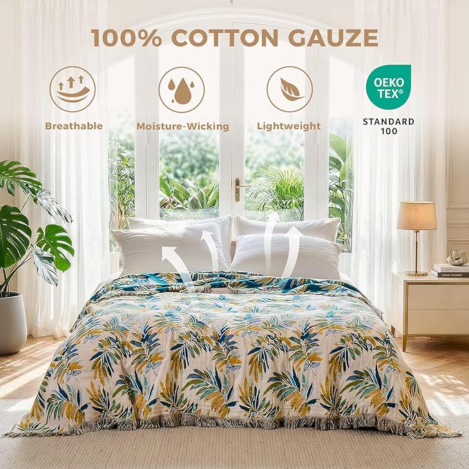 LUTBM Boho Throw Blanket for Bed 60"x80", All Season Cotton Couch Blankets | Reversible Leaves Jacquard, All-Season Twin Lightweight Breathable Quilt, For Chair Sofa Bedroom Living Room, Home Decor