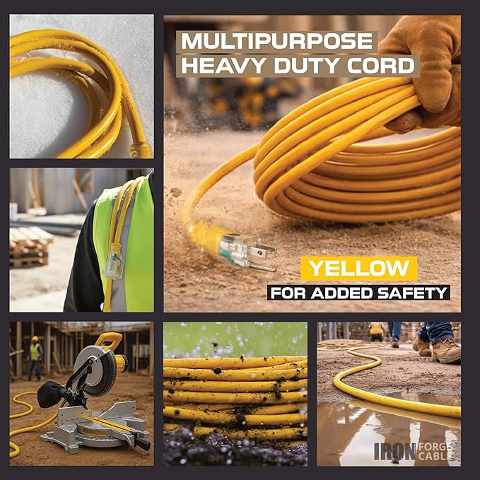 IRON FORGE CABLE 2 Pack of 25 Foot Outdoor Extension Cords - 12/3 SJTW Heavy Duty Lighted Yellow Extension Cable with 3 Prong Grounded Plug for Safety, 15 AMP - Great for Garden and Major Appliances