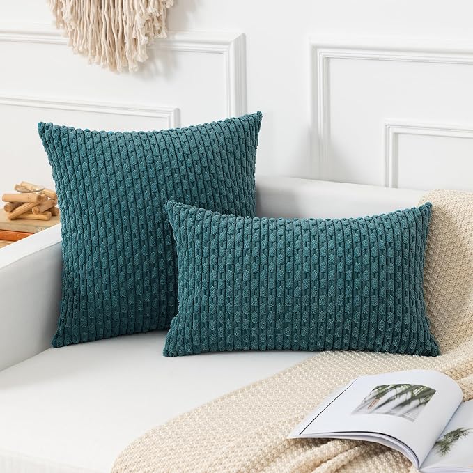 Kevin Textile Soft Corduroy 12"x24" Lumbar Pillow Cover 1 Pack, Teal Blue | Boho Stripe Plush Corduroy Decorative Oblong Cushion Cover Modern Farmhouse Home Decor for Sofa Couch Bed Chair