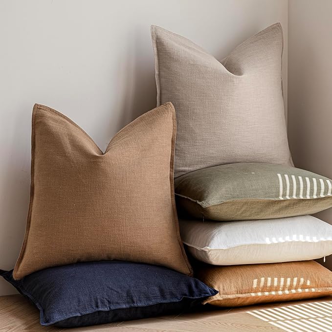 Foindtower Pack of 2, Decorative Linen Solid Throw Pillow Covers Soft Accent Cushion Case Boho Farmhouse Pillowcase for Chair Couch Sofa Bedroom Living Room Home Decor 26 x 26 Inch Light Khaki Brown