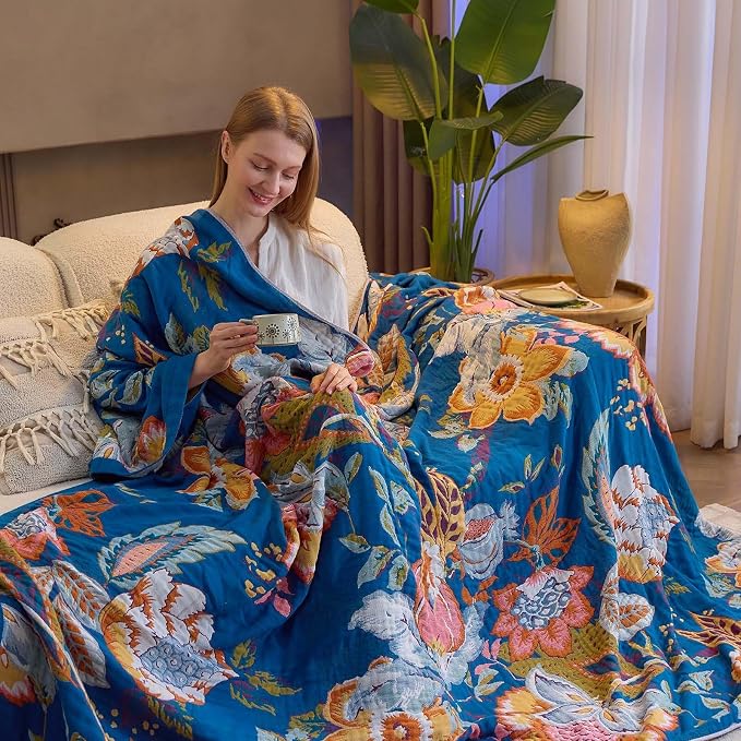 XIBLC Boho Throw Blanket, Blue Lightweight Blankets for Summer, 100% Cotton Bohemian Decorative Throw Blanket, 90"x98" Reversible Muslin Breathable Woven Farmhouse Blankets Quilt,