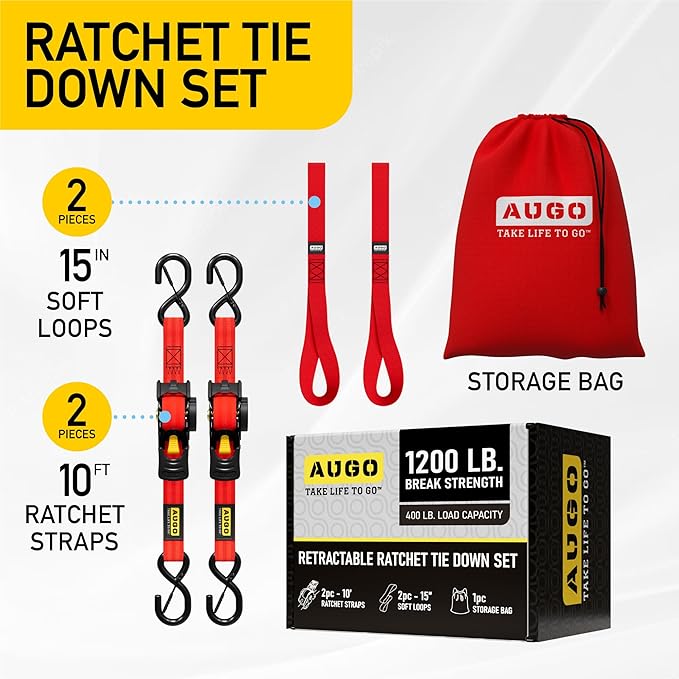 AUGO Retractable Ratchet Straps | 2 Heavy Duty Ratchet Straps Self Retractable Tie Downs with Soft Loops & Storage Bag for Motorcycle, Truck, Trailer, Cargo Van | 1200 Lb Break Strength 1” x 10’