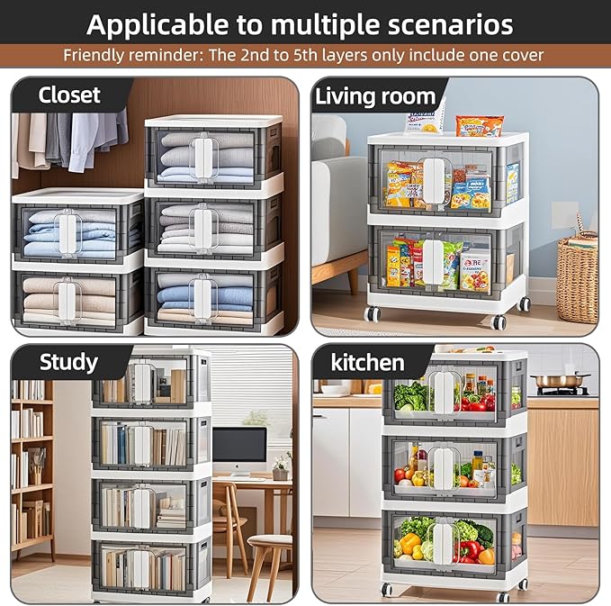 Folding Storage Organizer with Silent casters | Stackable Design for Home & Office, Heavy-Duty Plastic Storage Bin with Clear Door, 3 Sizes (19.5/23.5/27.5in),Black/White (27.6" 3 layer, White)