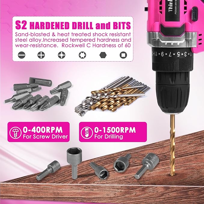 ThinkLearn Tool Kit with 20V Cordless Drill(265in-lbs), Pink Drill Set for Women, Lady's Home Tool Kit for DIY, Daily Repair Tool Set as a Creative Gift with a Large-Capacity Tool Storage Bag