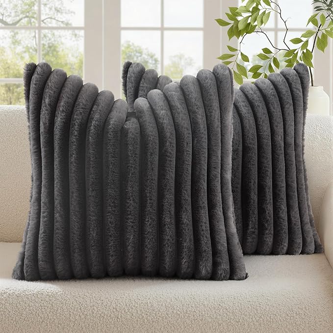 decorUhome Fall Faux Fur Throw Pillow Covers 24x24 Set of 2 Dark Grey | Decorative Soft Cozy Striped Plush Modern Farmhouse Boho Couch Pillow Cases Velvet Back for Sofa Bed Living Room Home Decor