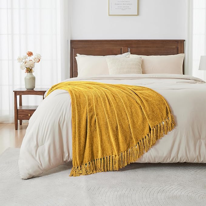 CozeCube Chenille Throw Blanket, Harvest Gold Fringe Blanket, 50"X60" | For Couch, Cozy Plush Fuzzy Decorative Blanket with Fringe Tassels, Lightweight Throws for Bed Sofa Gift Home Decor