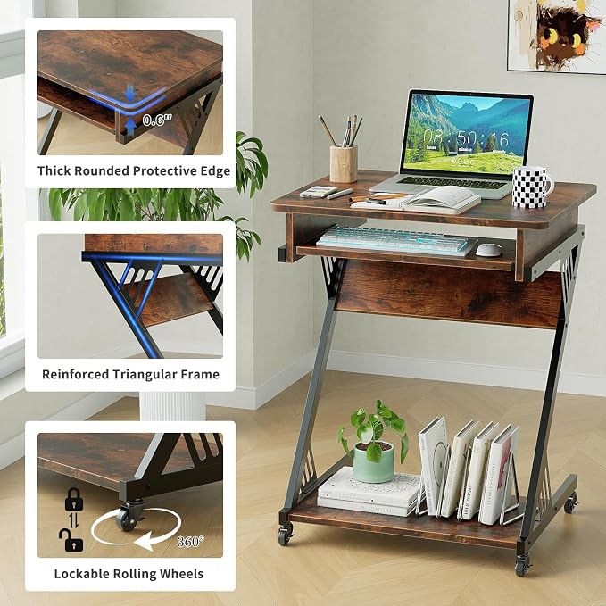 ALISENED Computer Desk for Small Spaces, 23.6" Z-Shaped Compact Study Table with Smooth Keyboard Tray with Wheels and Bottom Shelves for Home Office, Computer Cart Mobile Laptop Cart, Rustic Brown | 23.6" Z-Shaped, with Wheels and Bottom Shelves, for H...