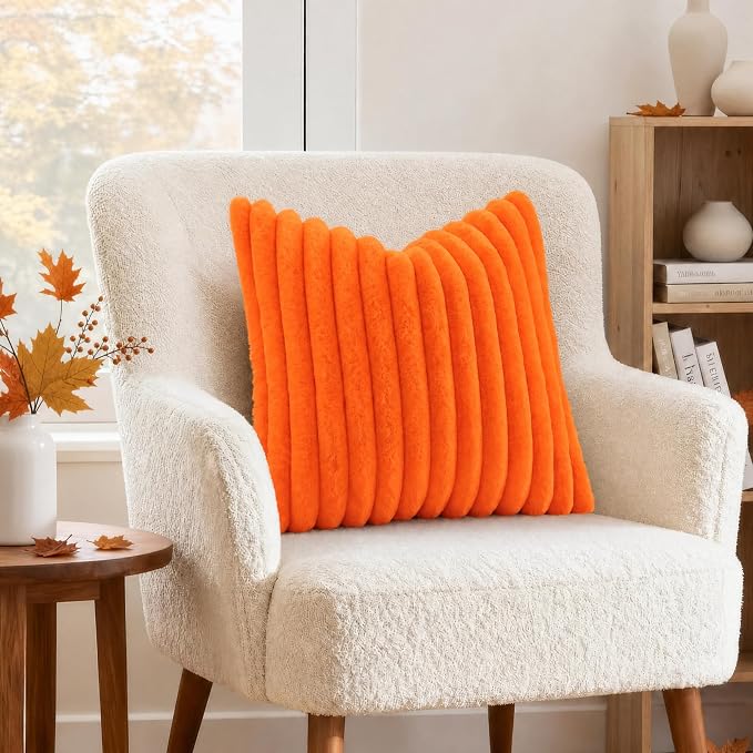 decorUhome Fall Faux Fur Throw Pillow Covers 26x26 Set of 2 Orange | Decorative Soft Cozy Striped Plush Modern Farmhouse Boho Couch Pillow Cases Velvet Back for Sofa Bed Living Room Home Decor