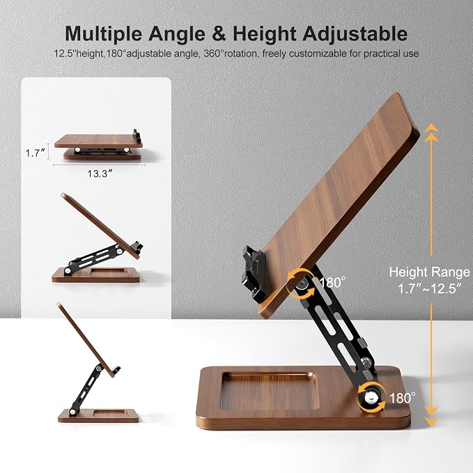 OPTIXCELL Book Stand with Light, Hands Free Book Holder, Gifts Book Lovers | Hands Free, Adjustable Height Angle, Built-in Storage Tray, 3-Mode Reading Light, Foldable Metal Frame, Fits Cookbook Tablet