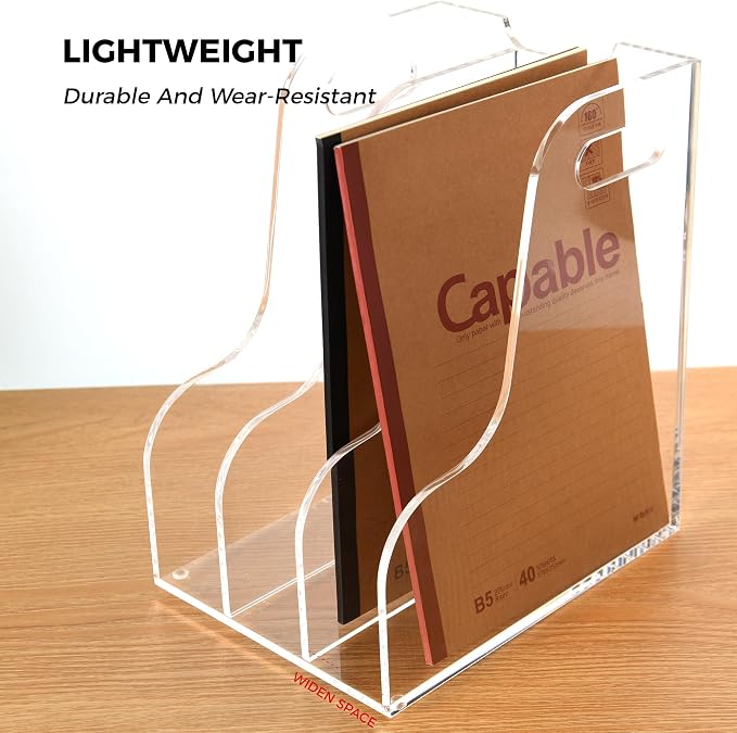 3 Vertical Compartments File Holder, Clear Acrylic Desk Organizer and Storage Bins Holding for Magazines, Binders, Notebooks, Envelopes, Multi-purpose Document Organizer for Home Office