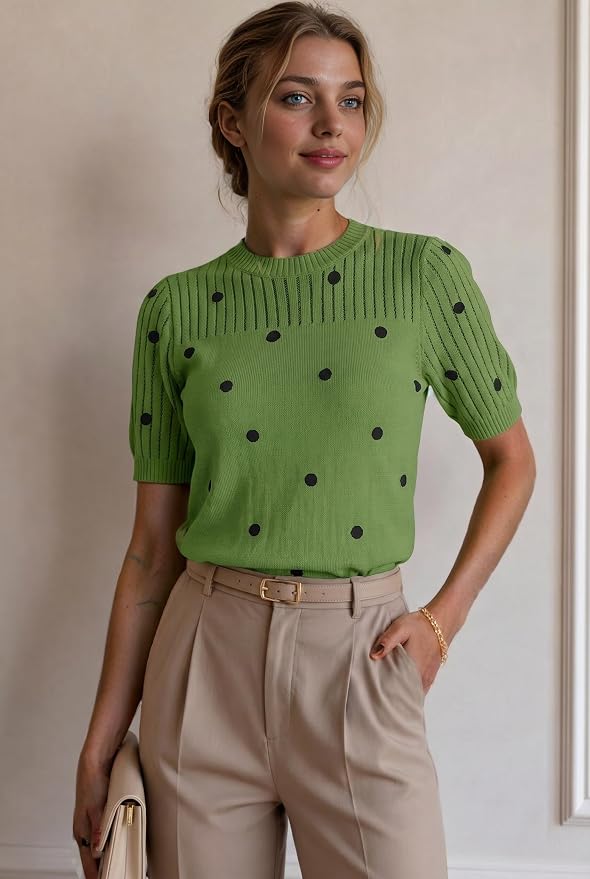 Zeagoo Women's Short Sleeve Sweater Tops 2026 Spring Summer Crew Neck Hollow Out Blouses Dressy Business Casual Outfits