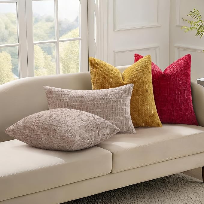 decorUhome Textured Chenille Throw Pillow Covers 18x18 Set of 2 Red | Fall Modern Farmhouse Soft Cozy Slubby Couch Pillow Cases Boho Decorative Pillow Cases for Bed Sofa Living Room Home Decor