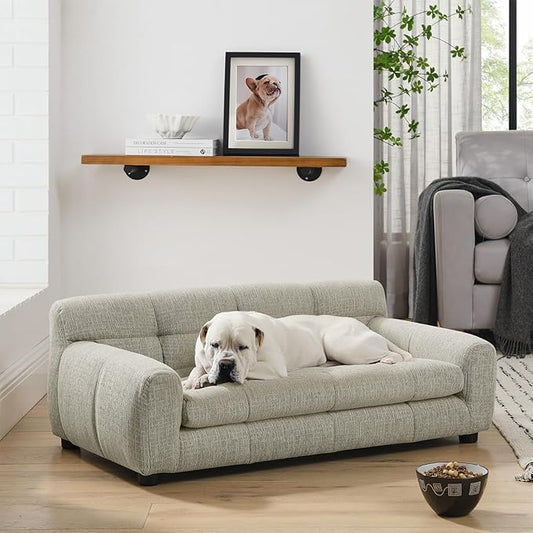 38" Pet Sofa Couch for Small and Medium Dogs, Soft Foam Cushion Dog Couch with Backrest & Armrests, Short Leg Stable Design, Durable Linen Fabric Pet Bed, Modern Style