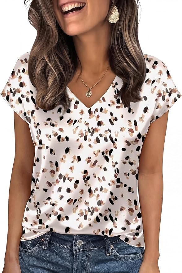 WIHOLL Womens Satin Summer Tops Cap Short Sleeve Blouses V Neck Shirts Business Casual Outfits Fashion Clothing 2026