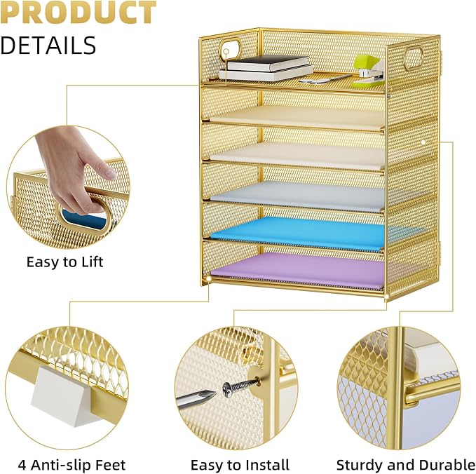 Marbrasse 2 Pack Desk Organizer with Handle, 6 Tier Paper Letter Tray, Mesh Desk File Organizer for Office, School and Home - Gold