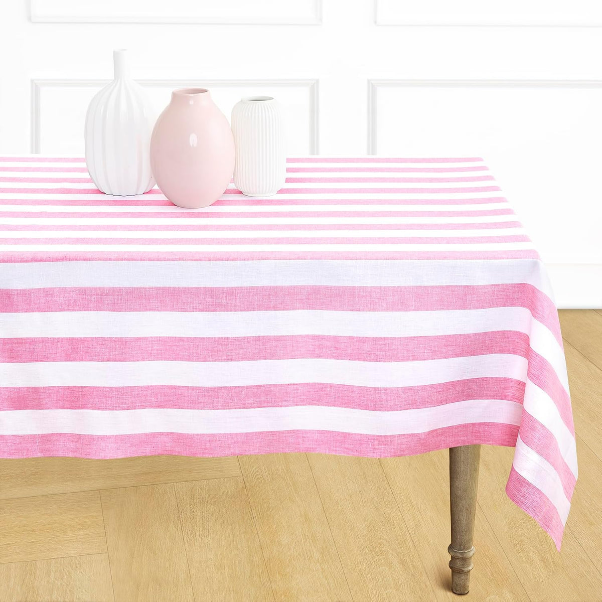 Solino Home Linen Striped Tablecloth 60 x 144 Inch - 100% Pure Linen Pink and White Table Cloth for Rectangle Tables - Cabana Stripe, Machine Washable Tablecloth for Summer
