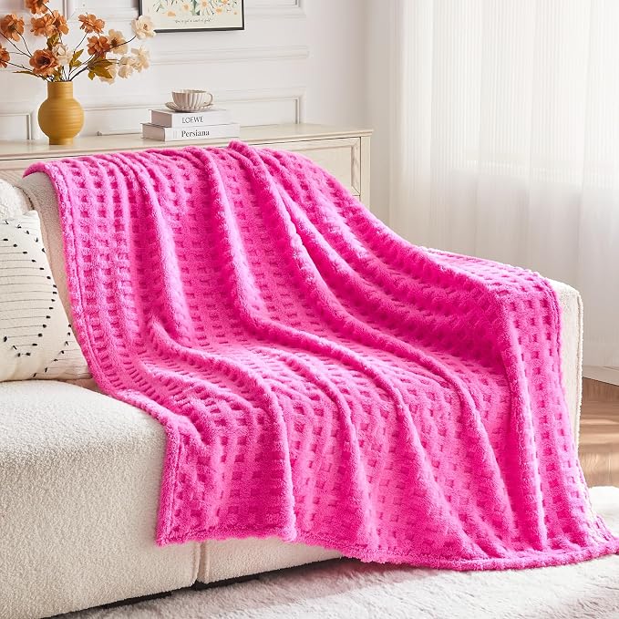 NEWCOSPLAY 3D Waffle Checkered Flannel King Blanket, Hot Pink, 90"x110" | Super Soft Cute Lightweight Decorative Premium Silky Fleece Blanket for Couch Sofa Bed, Gift for Women Men, All Season Use
