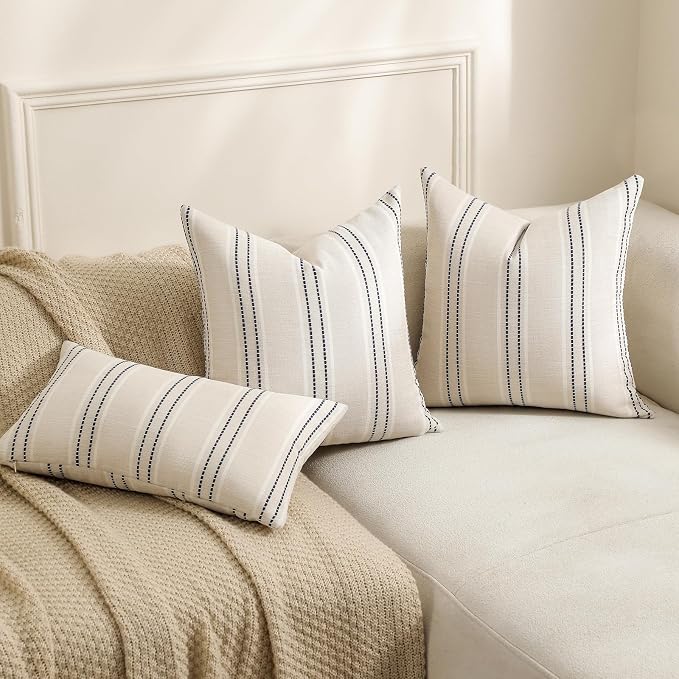 Hckot Throw Pillow Covers 12x20 Set of 2 Striped Pillow Covers Textured Linen Decorative Pillows Lumbar Cushion Covers for Sofa Couch Bed Living Room Farmhouse Decor, Navy