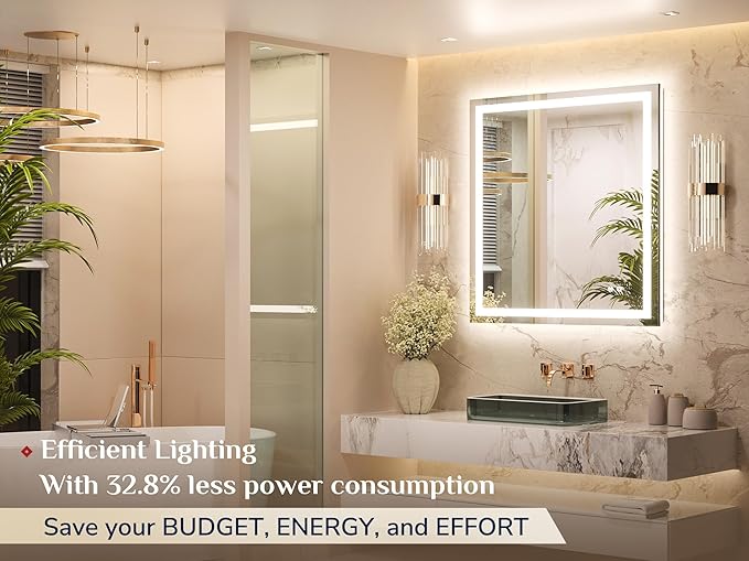 Keonjinn 32 x 36 Inch LED Bathroom Mirror with Frontlit & Backlit, Anti-Fog Mirror with Lights, Stepless Dimming, 3-Color Temperature, HD Tempered Glass Wall Mirror for Modern Bathroom