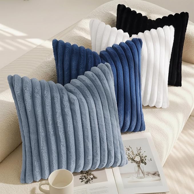 decorUhome Fall Faux Fur Throw Pillow Covers 26x26 Set of 2 Grey Blue | Decorative Soft Cozy Striped Plush Modern Farmhouse Boho Couch Pillow Cases Velvet Back for Sofa Bed Living Room Home Decor