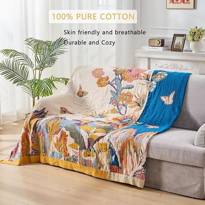 Boho Throw Blanket Farmhouse Decor Throw Blanket Bohemian Blanket for Bed 100% Cotton Muslin Woven Couch Blanket All Seasons Quilt Bedroom (D-Yellow, 50"x60")