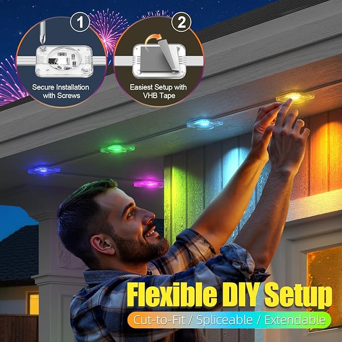 Permanent Outdoor Lights for House, 300ft RGB+IC Smart LED Eaves Lights, IP67 Waterproof Outdoor Lighting with App/Remote Control for Christmas, New Year, Halloween, Holiday, Party, Daily