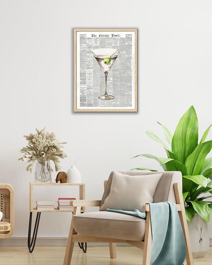 EcoHest Small 8x10 in Martini Newspaper Framed Wall Art for Bar Cart | Natural Oak Wood Frame, Canvas Wall Art, Martini Cocktail Bar Cart Decor for Living Room, Apartment, Dorm Room, Bedroom,1Pack