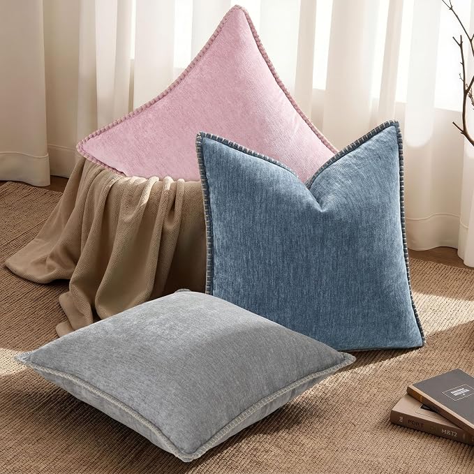 decorUhome Soft Chenille Throw Pillow Covers 16x16 Set of 2 Haze Blue | Fall Textured Decorative Throw Pillow Cases Stitched Edge Modern Farmhouse Luxury Boho Velvet for Couch Sofa Bed Home Decor