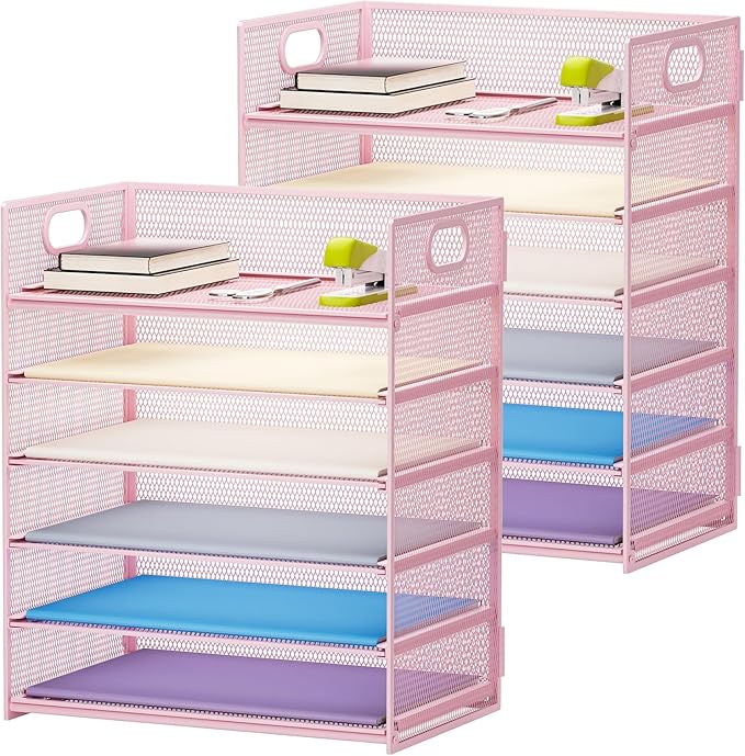 Marbrasse 2 Pack Desk Organizer with Handle, 6 Tier Paper Letter Tray, Mesh Desk File Organizer for Office, School and Home - Pink