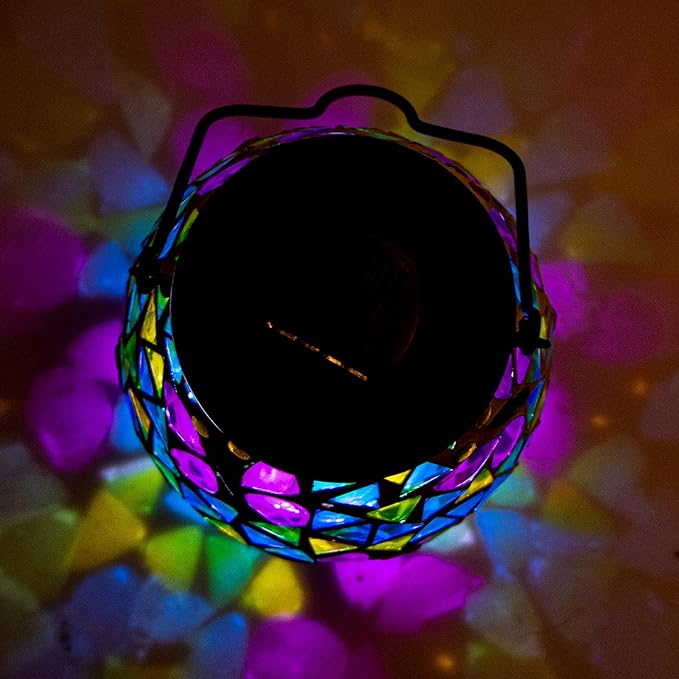 Afirst Mosaic Solar Lanterns - Glass Hanging Lights Butterfly Hollow Out Waterproof Outdoor Decorative for Garden, Patio, Holiday Party Outdoor Decoration, 1 Pack
