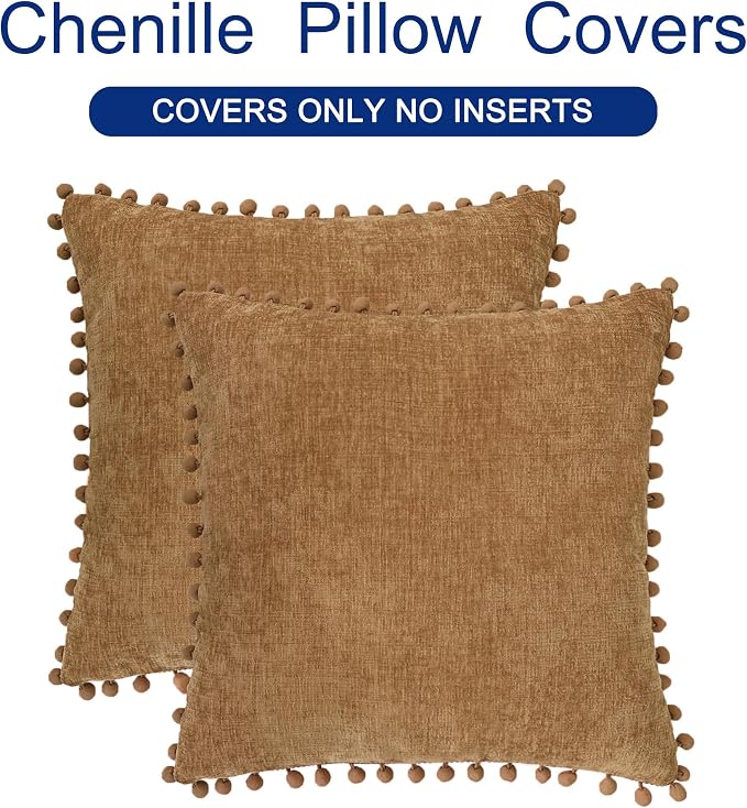 CaliTime Decorative Couch Throw Pillow Covers 22 X 22 Inches Apricot Brown | Pack of 2, Cozy Chenille Cushion Cases, with Pom Poms for Sofa Bed Living Room Farmhouse Home
