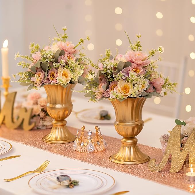 Sziqiqi Gold Metal Vase for Centerpiece, Table Flower Arrangements, 10Pcs | 9in Tall Compote Vase, Trumpet Urn Vase for Decoration, Planter Pot for Artificial Flower, For Reception, Home, Party Decor