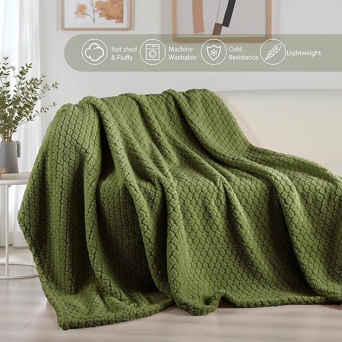 Exclusivo Mezcla Soft Fleece King Size Blanket for Bed, Olive Green | Jacquard Lightweight Cozy Bed Blanket, Breathable Decorative Fuzzy Textured All Season Use, 90x104 Inches