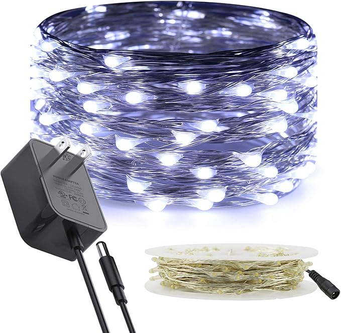 RUICHEN Silver Wire Fairy Lights Plug in 33 Ft 100 LED String with Spool, Cool White