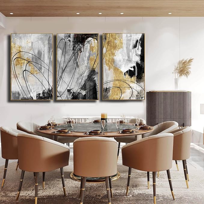 YJYart Gold Wall Art Abstract Wall Art Living Room Decor Black and White Canvas Picture Home Decor Wooden Frame Line Paintings Modern Artwork Office Decor 24"x 36"x 3 Pieces