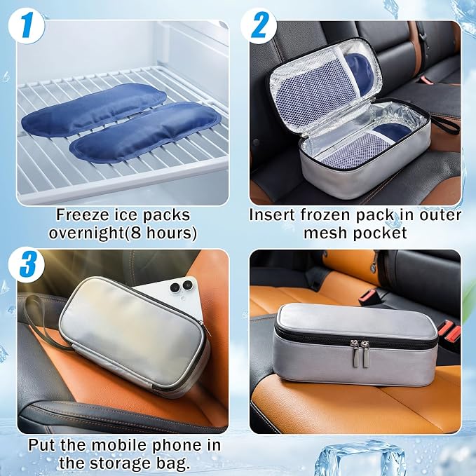 Phone Cooler Bag for Beach, Portable Phone Cooling Pouch with 2 Reusable Ice Packs, Keeps Cool in Extreme Heat for Car Pool Hiking, Extends Battery Life, Fits All Smartphones(Gray,PU)
