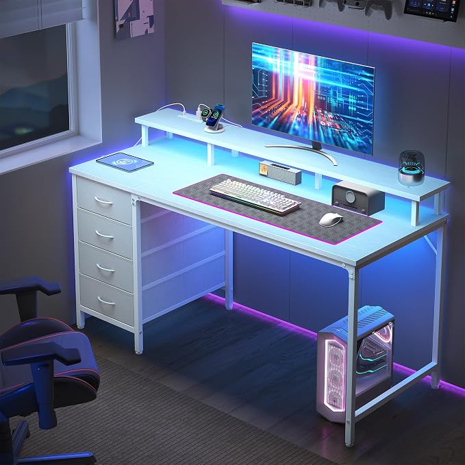 DUMOS 47-Inch Gaming Desk with Power Outlets and LED Lights, White | Computer Desk with 4 Storage Drawers, Home Office Desk with Monitor Stand, Small Desk for Bedroom Study