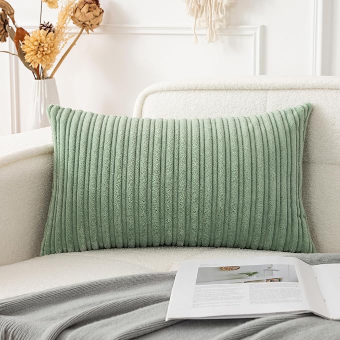UGASA 12x24 Inch Pillow Cover Pack of 1 Soft Boho Stripe Corduroy Long Rectangular Lumbar Cushion Cover Farmhouse Decorative Throw Pillowcase for Bed, Couch, Sofa, Bedroom, Living Room, Sage Green