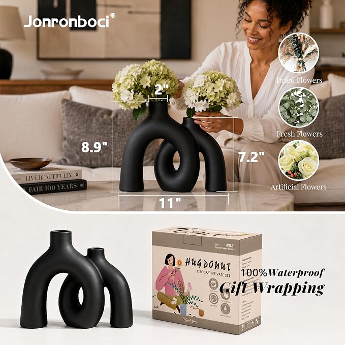 Matte Black Vase Set - Hug Hollow Donut Aesthetic Ceramic Vases Home Decor, Modern Nordic Minimalist Decorative Vase for Table Centerpiece Bookshelf Office Entryway Console Fireplace (Black)