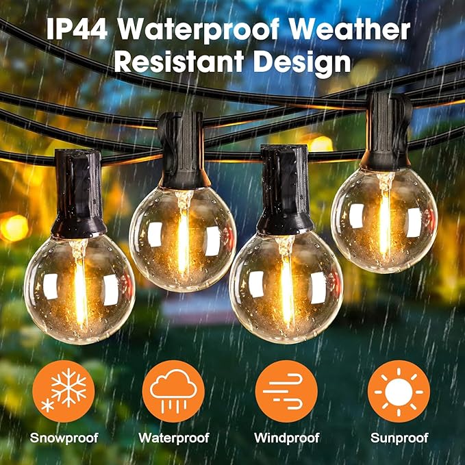 25 Pack G40 LED Replacement Light Bulbs, Waterproof Clear Globe Light Bulb E12 Screw Base for Outdoor String Lights, Patio Cafe Décor, Dimmable, Warm White