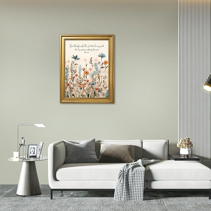 Framed Christian Scripture Wall Art Painting Give Thanks to the Lord Psalm 1361 Floral Print Inspirational Bible Verse Picture Poster Wildflower Faith Decor Canvas Artwork for Home Office 24x36inch