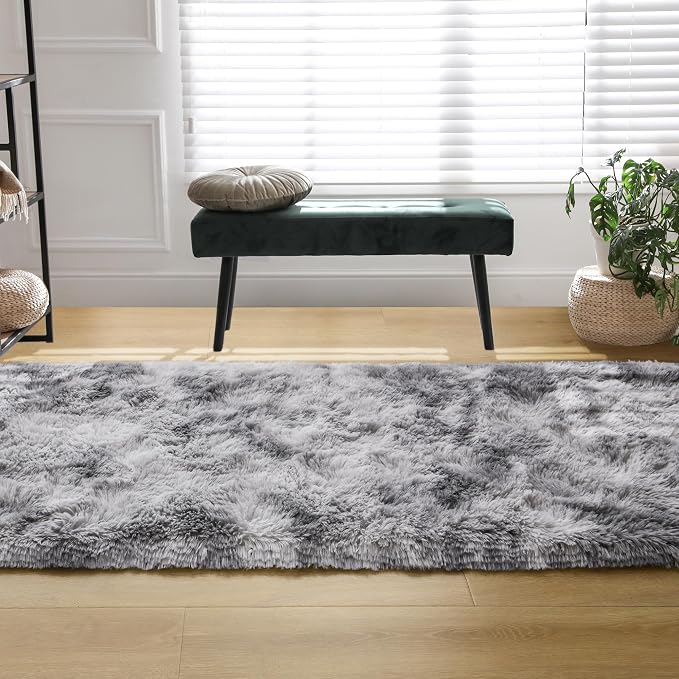Tepook Fluffy Runner Rugs for Bedroom Aesthetic 2x6 Feet, Shag Soft Bedside Rug with Non-Slip Bottom, Fuzzy Plush Carpet for Room, Hallway Rug for Nursery Dorm Indoor Home Decor, Tie-dye Light Grey
